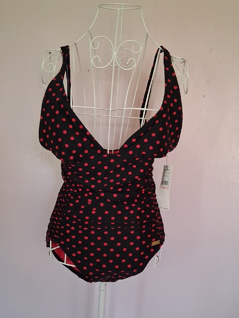 NWT DKNY Swimsuit Size 10 Black Red Polka Dot One Piece